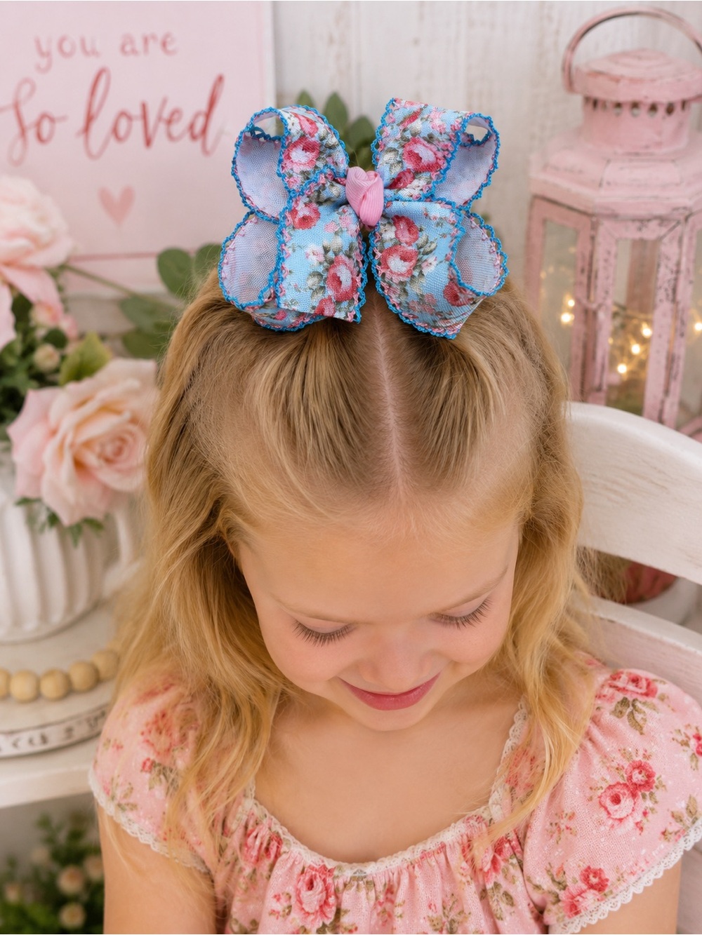 Blue Floral Bow Hair Clip for Kids with Pink Center
